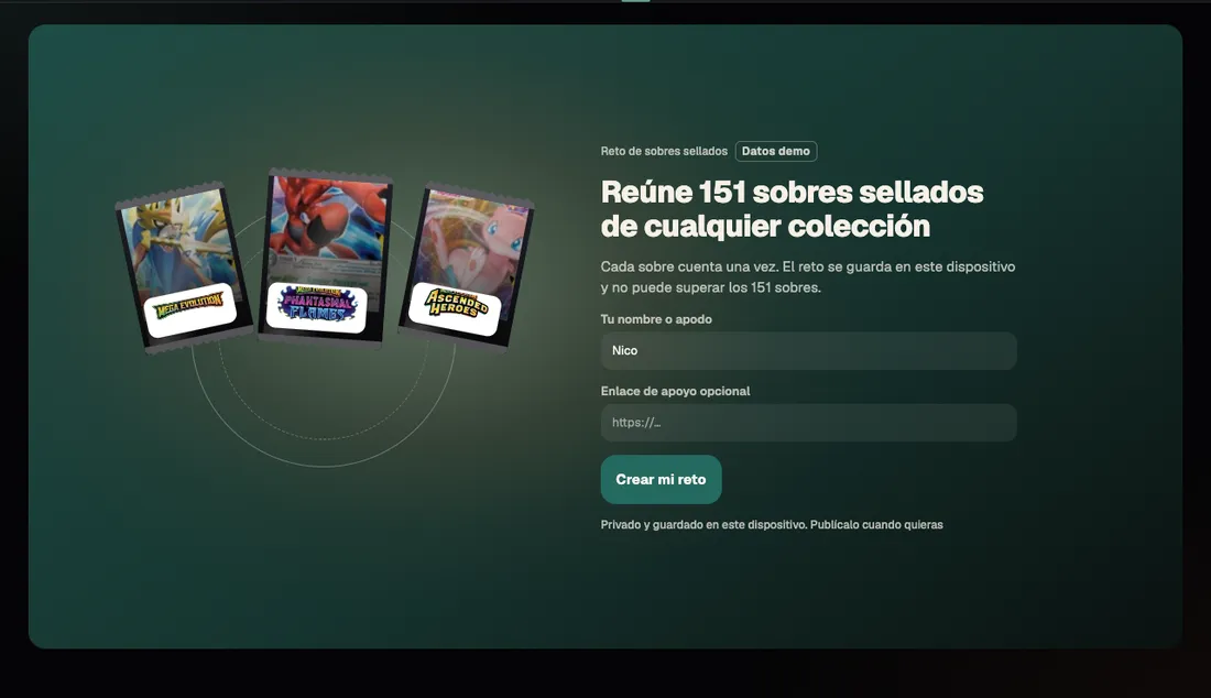 Pantalla para crear un reto de 151 sobres sellados