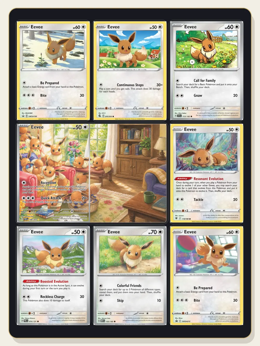 Página de binder con siete cartas de Eevee y una escena de habitación continua