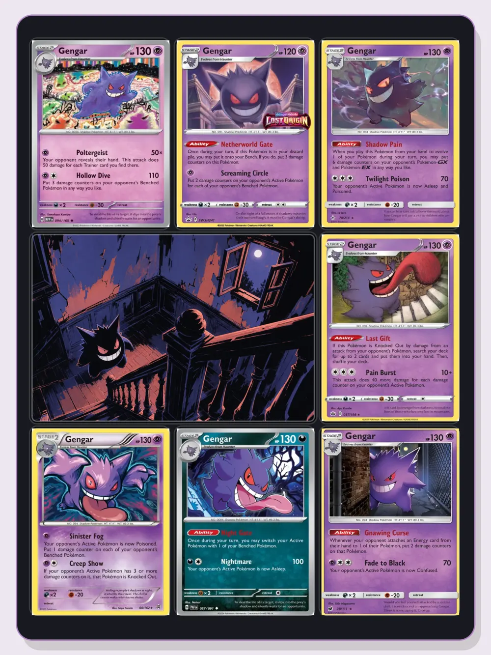 Página de binder con siete cartas de Gengar y arte gráfico de una escalera