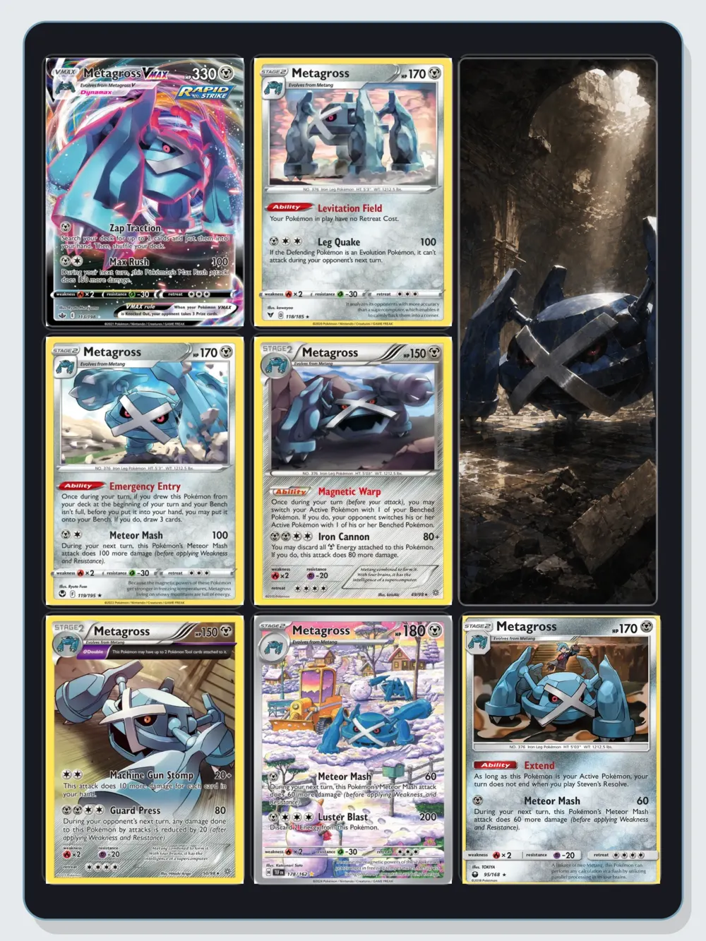 Página de binder con siete cartas de Metagross y arte vertical de una cueva