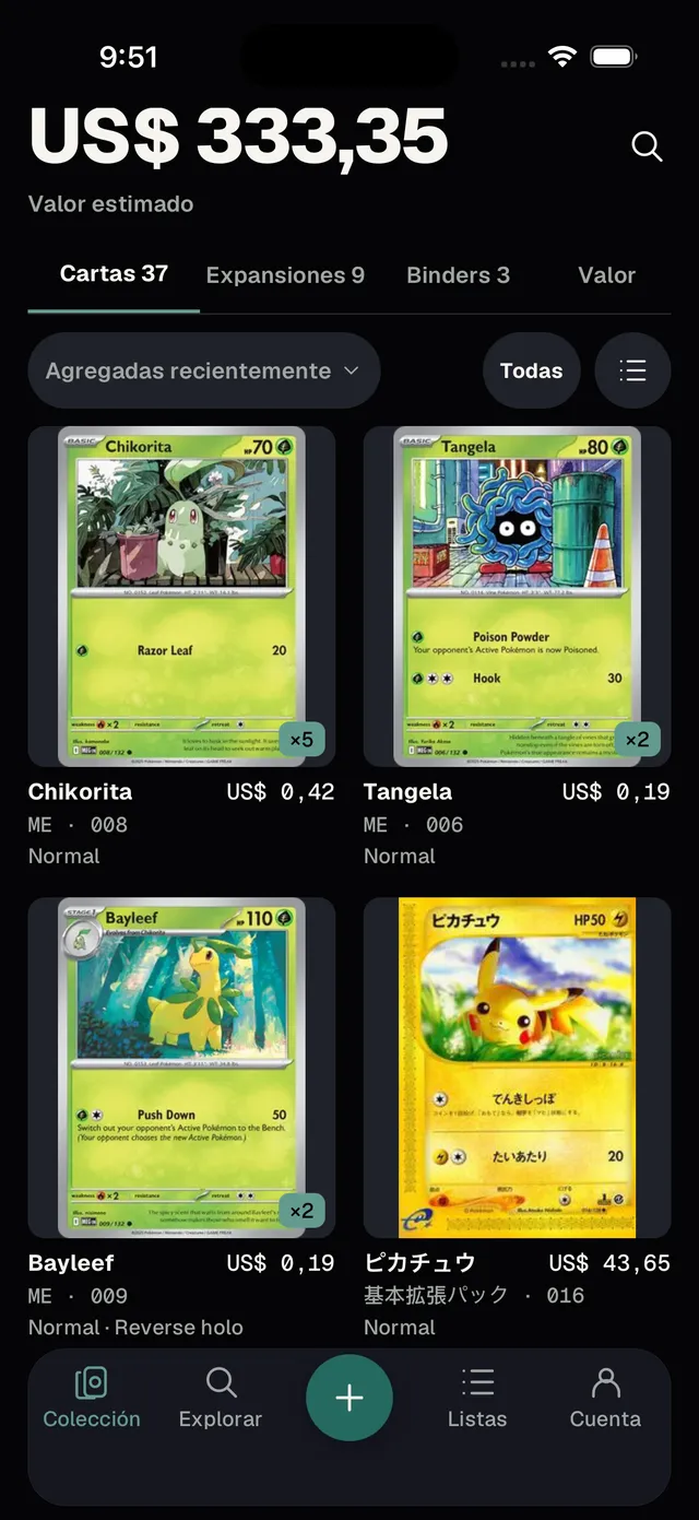 Colección en iPhone con el valor total y las cartas