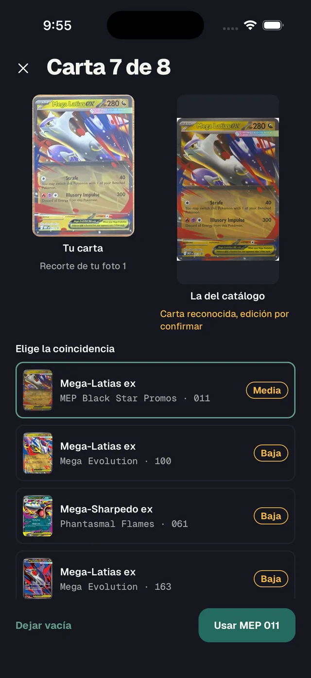 Pantalla para elegir entre cartas candidatas cuando una lectura es dudosa