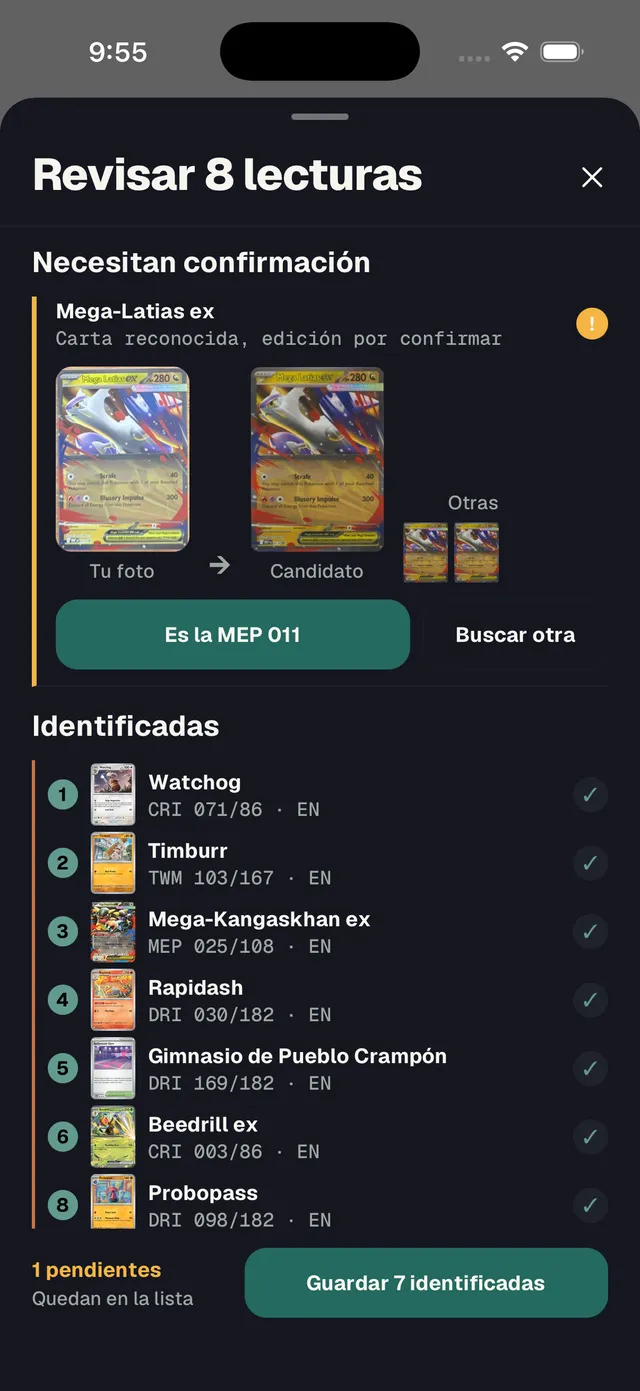 Pantalla para revisar ocho cartas leídas en una sola foto