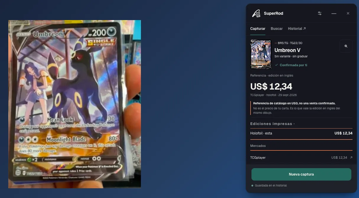 SuperRod identifica Umbreon V TG22/30 desde una foto de un directo de Whatnot